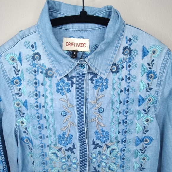 Driftwood Sundance Blue Embroidered Boho Chic Denim Shirt XS - Picture 3 of 14